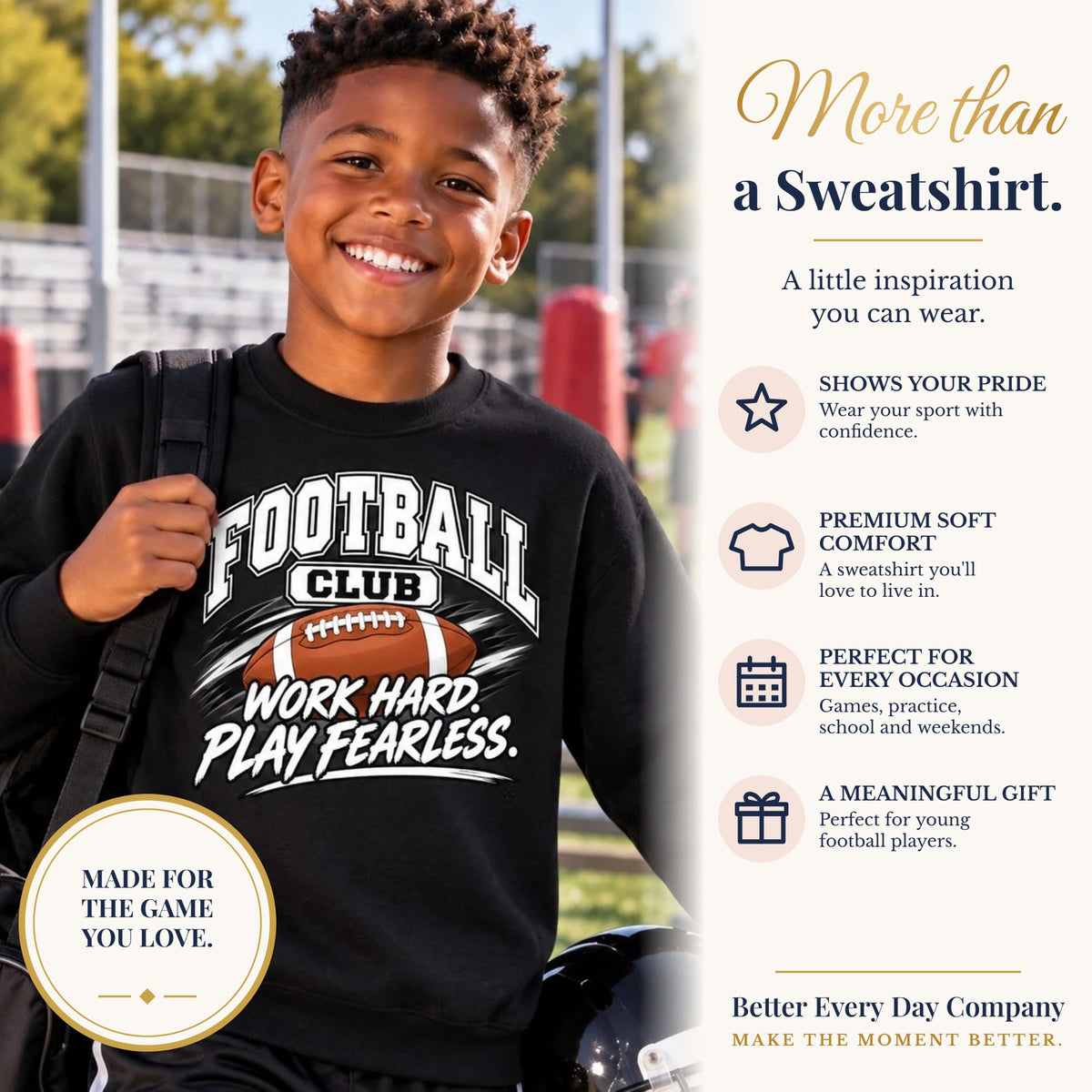 BED-SET-v1 banner | Football Club Youth Sweatshirt | Work Hard, Play Fearless | Kids Football Youth Crewneck