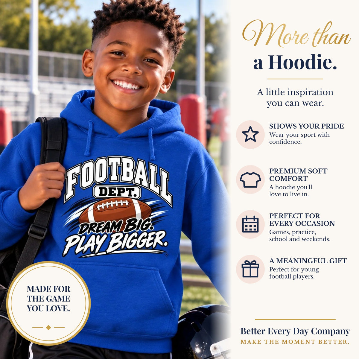 BED-SET-v1 banner | Football Department Youth Hoodie | Dream Big, Play Bigger | Kids Football Youth Hoodie