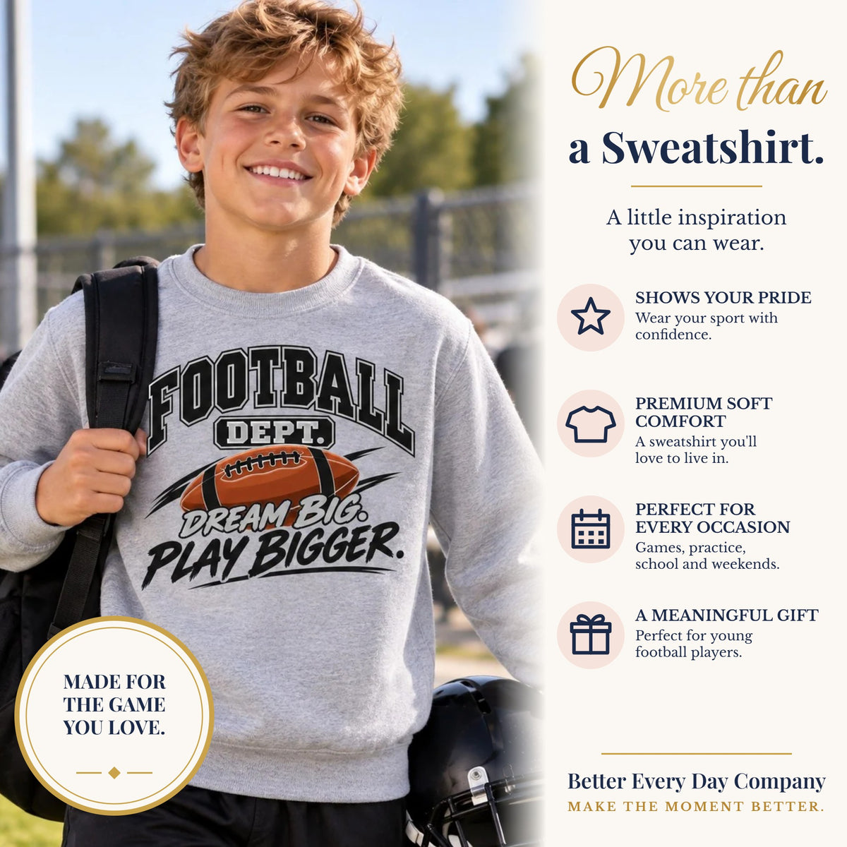 BED-SET-v1 banner | Football Department Youth Sweatshirt | Dream Big, Play Bigger | Kids Football Youth Crewneck