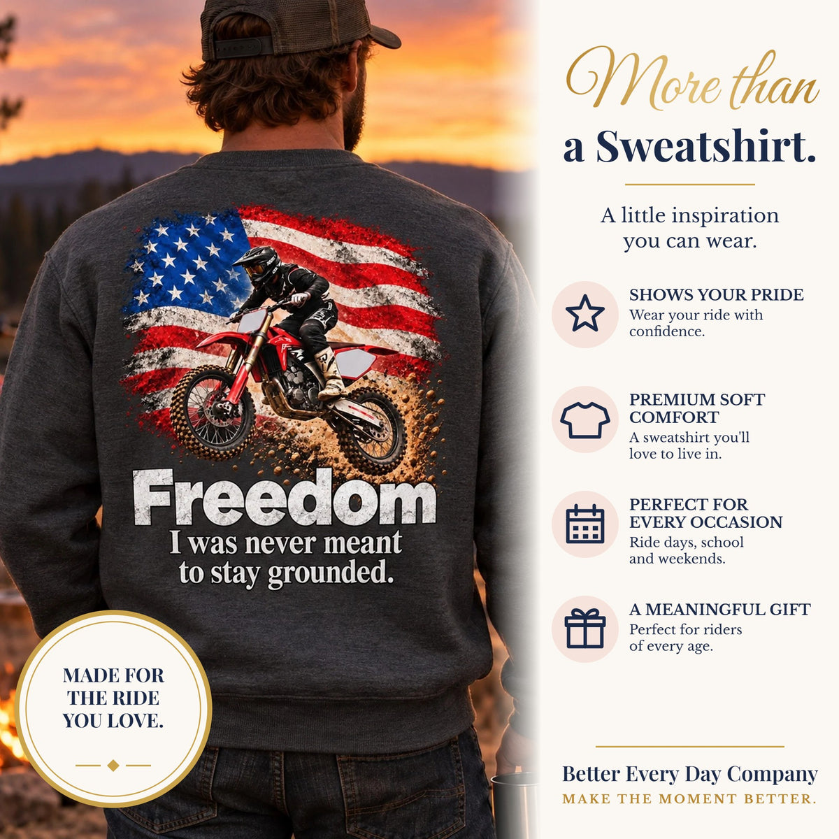BED-SET-v1 banner | Freedom - I Was Never Meant to Stay Grounded | Motocross Dirt Bike Sweatshirt | Front Logo and Back Print | Gildan Crewneck Sweatshirt
