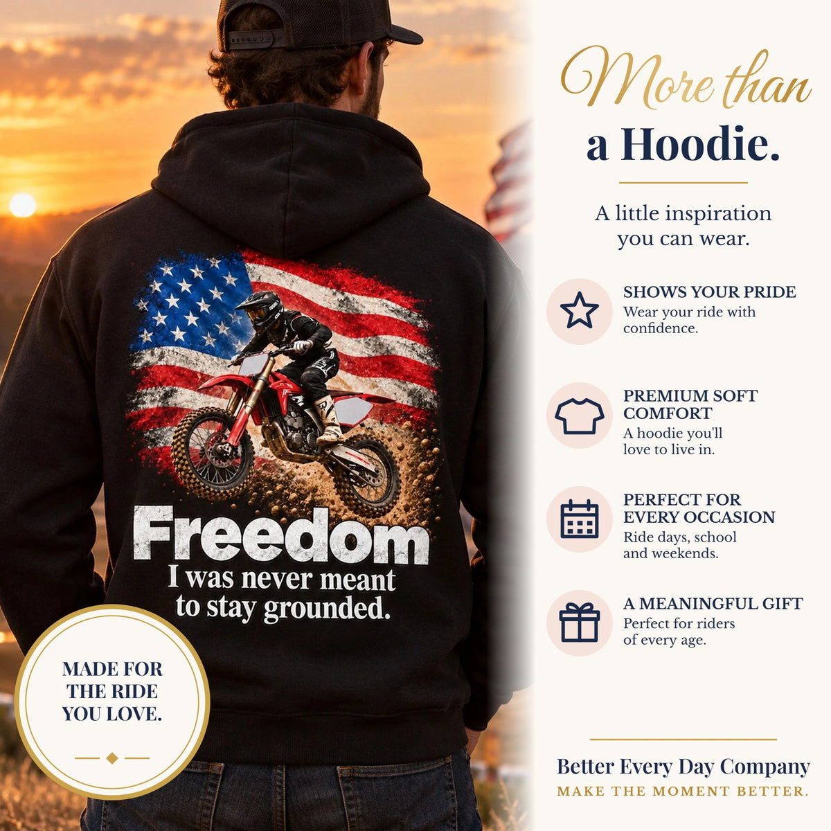 BED-SET-v1 banner | Freedom - I Was Never Meant to Stay Grounded | Motocross Dirt Bike Hoodie | Front Logo and Back Print | Gildan Hoodie