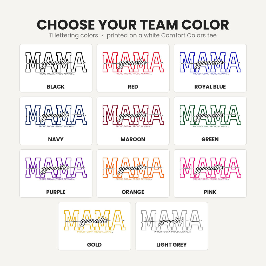 Gymnastics Mama shirt team lettering colors