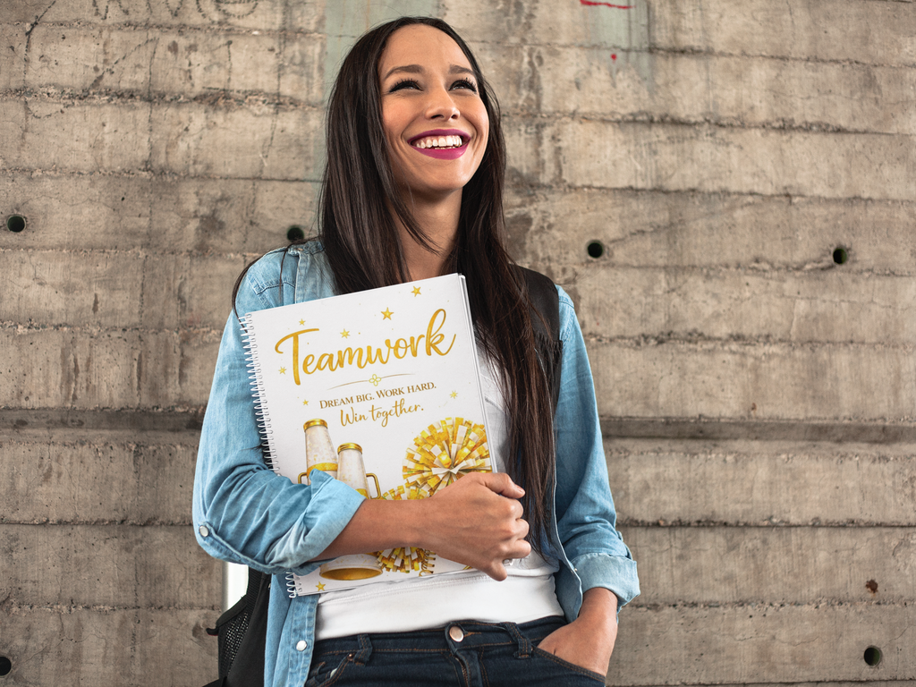 Teamwork - Cheerleading Notebook 8.5"x11, Gold Wide Ruled Blank Notebook, Spiral Bound