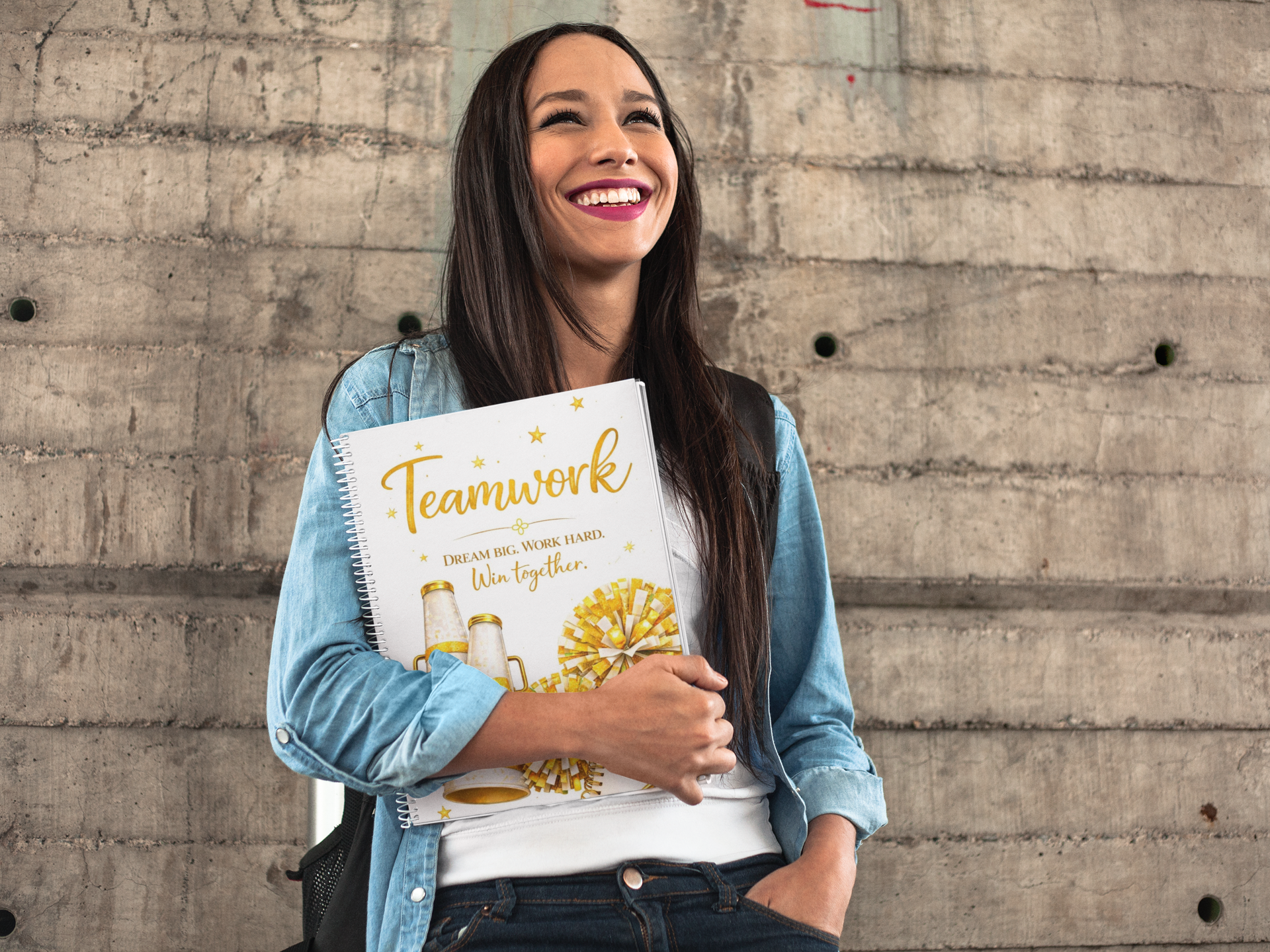 Teamwork - Cheerleading Notebook 8.5"x11, Gold Wide Ruled Blank Notebook, Spiral Bound
