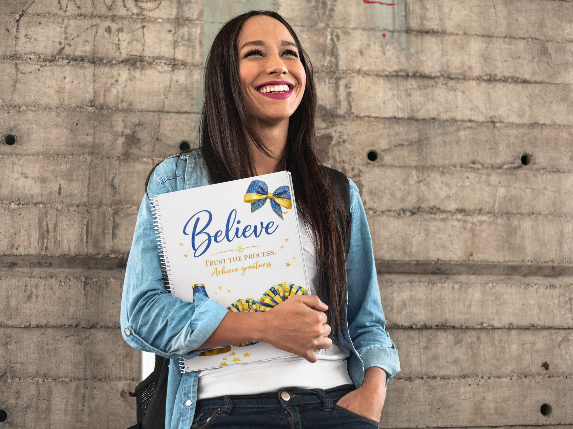 Believe - Cheerleading Notebook 8.5"x11", Blue and Gold, Wide Ruled Blank Notebook, Spiral Bound