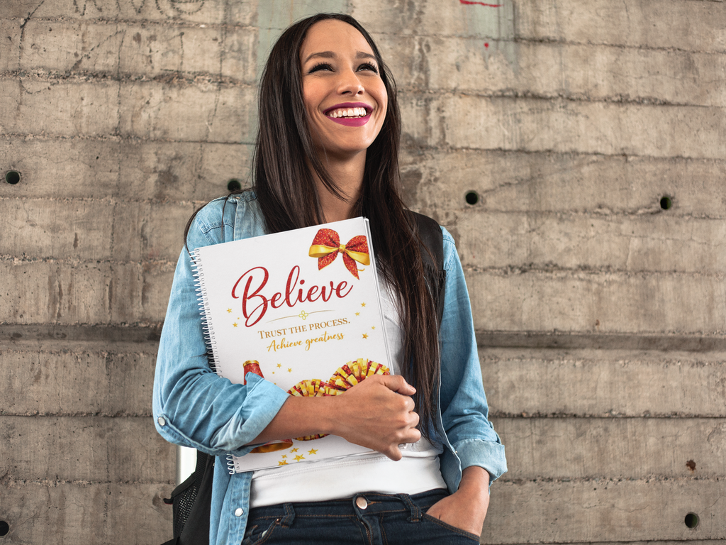 Believe - Cheerleading Notebook 8.5"x11", Red and Gold, Wide Ruled Blank Notebook, Spiral Bound
