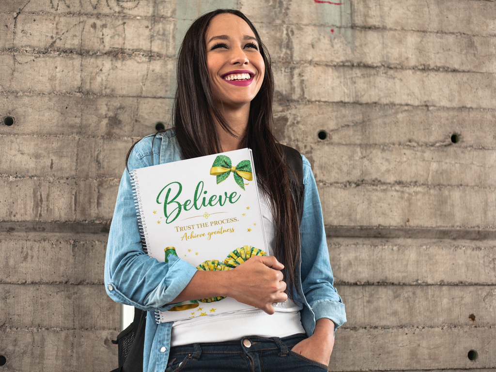 Believe - Cheerleading Notebook 8.5"x11", Green and Gold, Wide Ruled Blank Notebook, Spiral Bound