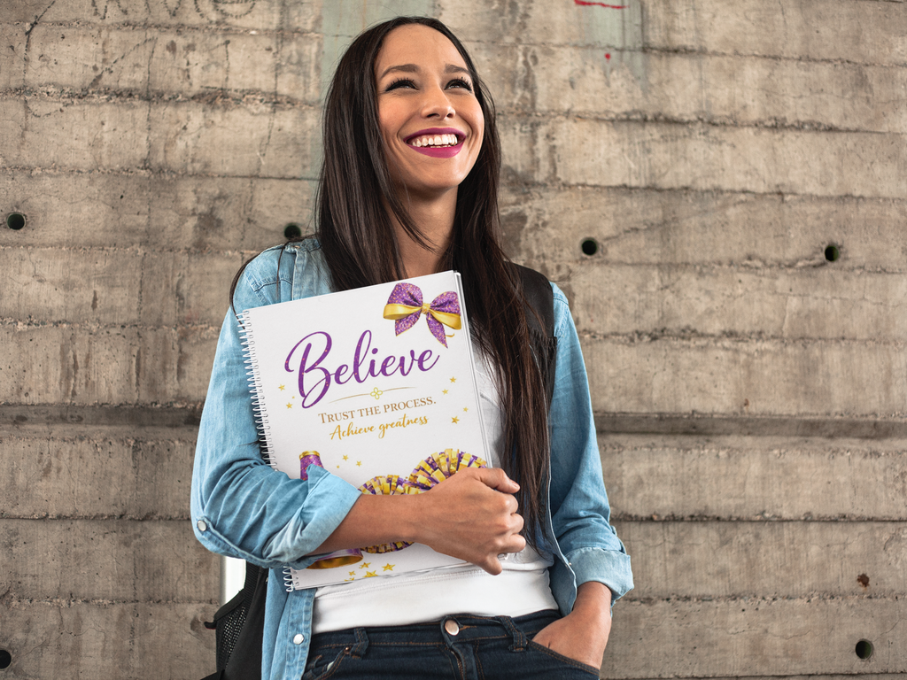 Believe - Cheerleading Notebook 8.5"x11", Purple and Gold, Wide Ruled Blank Notebook, Spiral