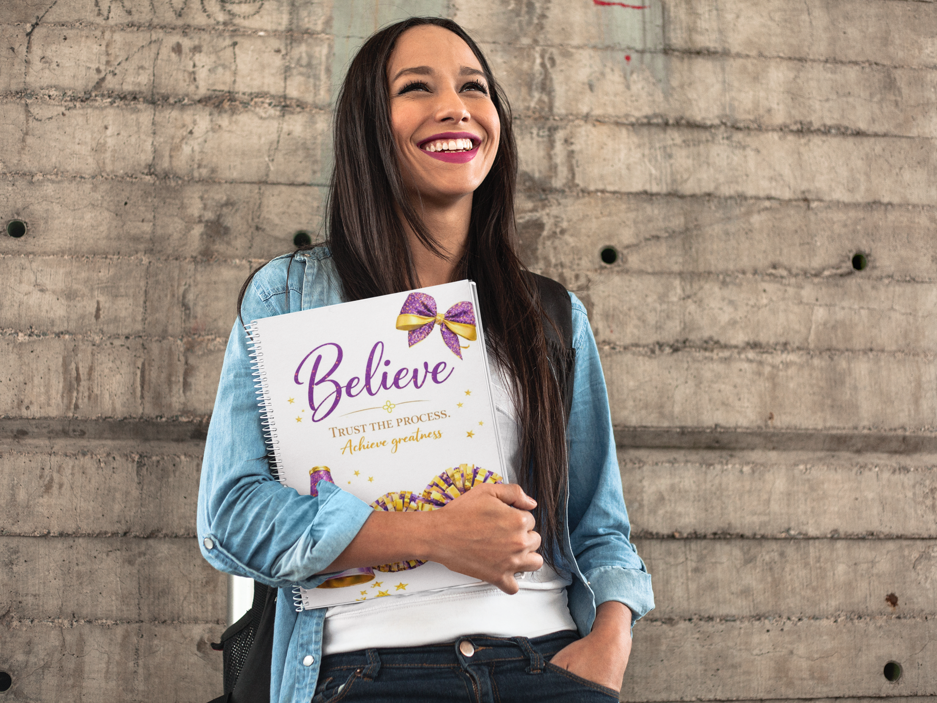 Believe - Cheerleading Notebook 8.5"x11", Purple and Gold, Wide Ruled Blank Notebook, Spiral