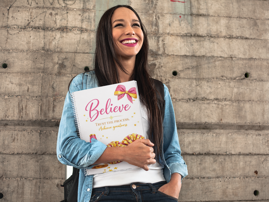 Believe - Cheerleading Notebook, Dark Pink and Gold, 8.5"x11" Wide Ruled Blank Notebook, Spiral Bound