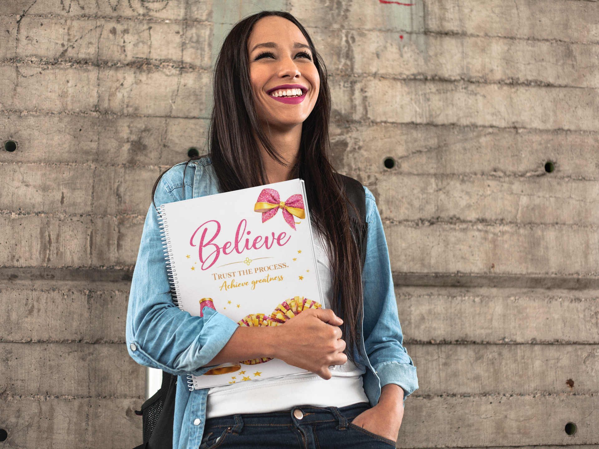 Believe - Cheerleading Notebook, Dark Pink and Gold, 8.5"x11" Wide Ruled Blank Notebook, Spiral Bound