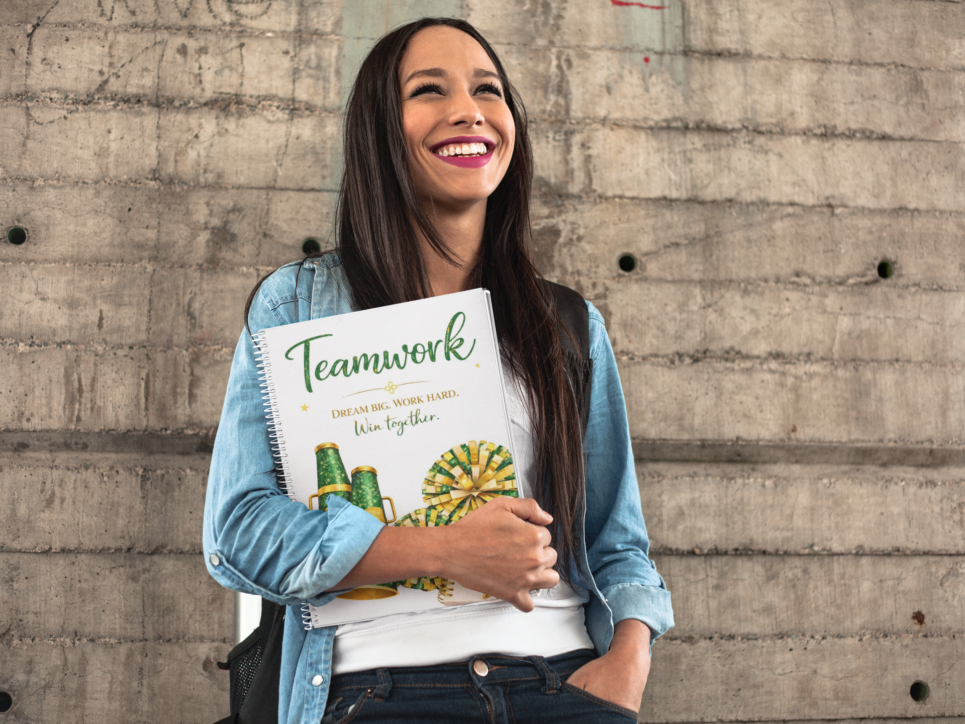 Teamwork - Cheerleading Notebook 8.5"x11", Green and Gold Wide Ruled Blank Notebook, Spiral Bound