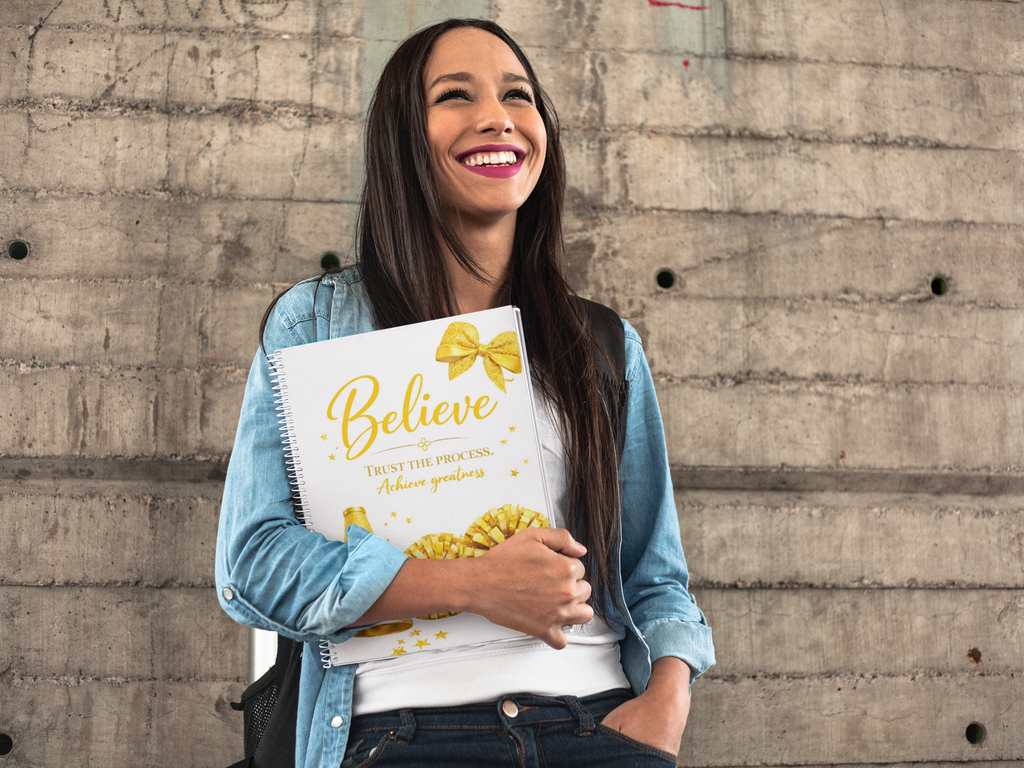 Believe - Gold, Cheerleading Notebook 8.5"x11" Wide Ruled Blank Notebook, Spiral Bound