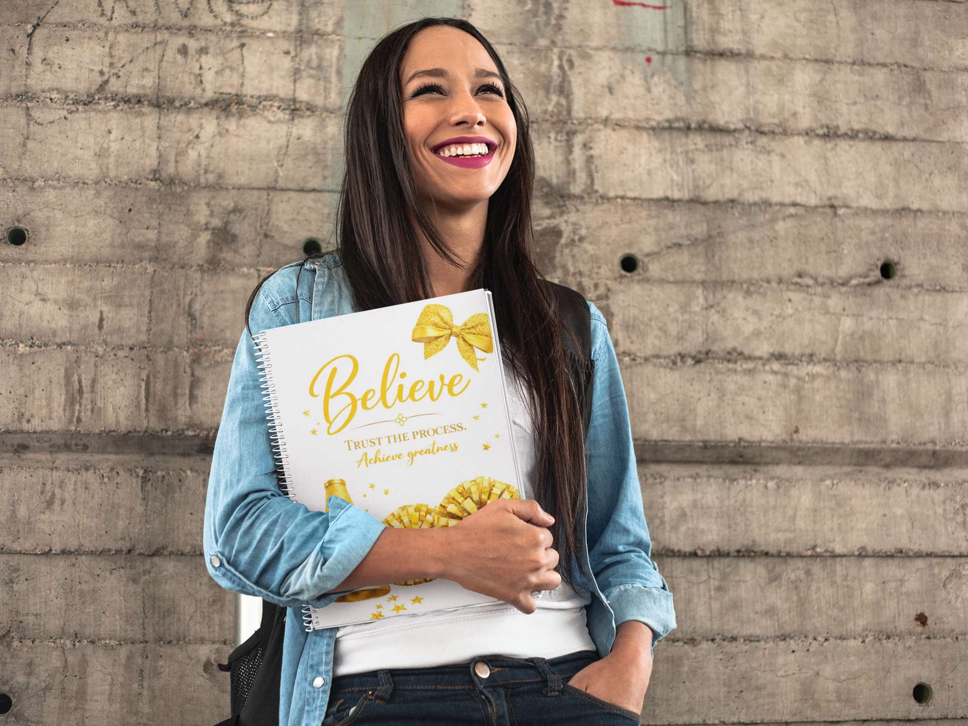 Believe - Gold, Cheerleading Notebook 8.5"x11" Wide Ruled Blank Notebook, Spiral Bound