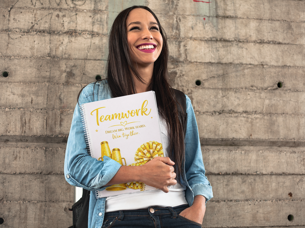 Teamwork Cheerleading - Notebook, Gold, 8.5"x11" Wide Ruled Blank Notebook, Spiral Bound