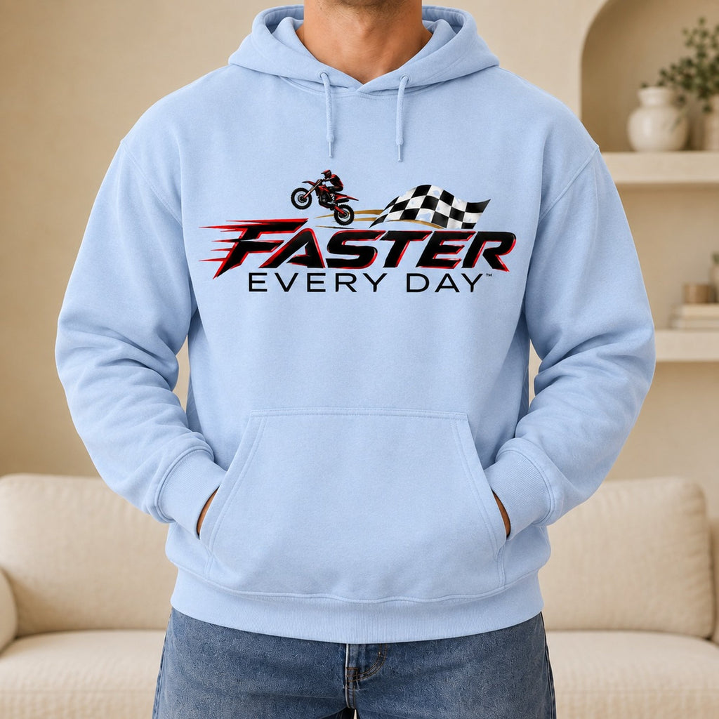 Faster Every Day Dirt Bike Checkered Flag Logo Hoodie - Front View