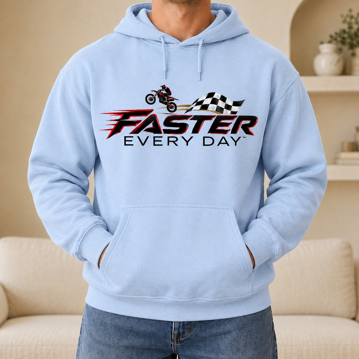Faster Every Day Dirt Bike Checkered Flag Logo Hoodie - Front View