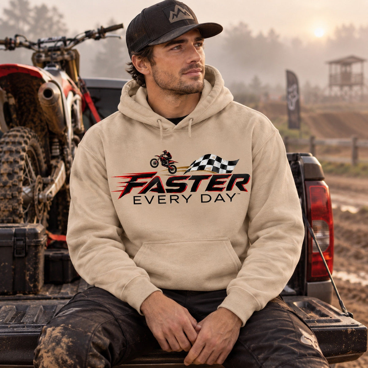 Faster Every Day Dirt Bike Checkered Flag Logo Hoodie - Lifestyle