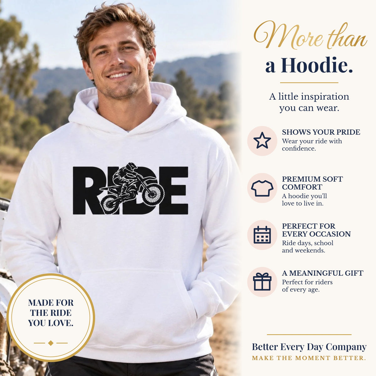 BED-SET-v1 banner | RIDE Dirt Bike Hoodie | Dirt Bike Rider Graphic | Gildan Hoodie