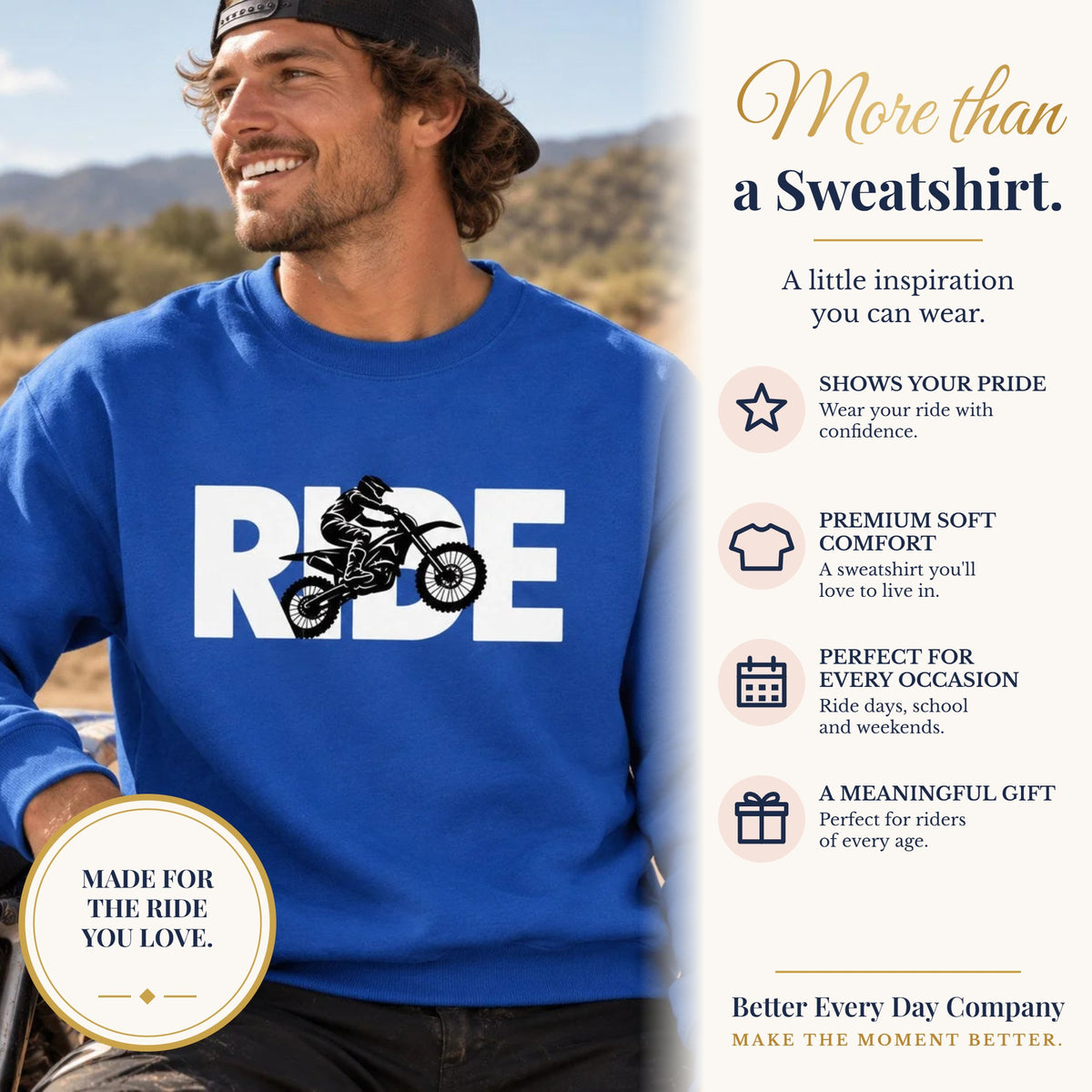 BED-SET-v1 banner | RIDE Dirt Bike Sweatshirt | Dirt Bike Rider Graphic | Gildan Crewneck