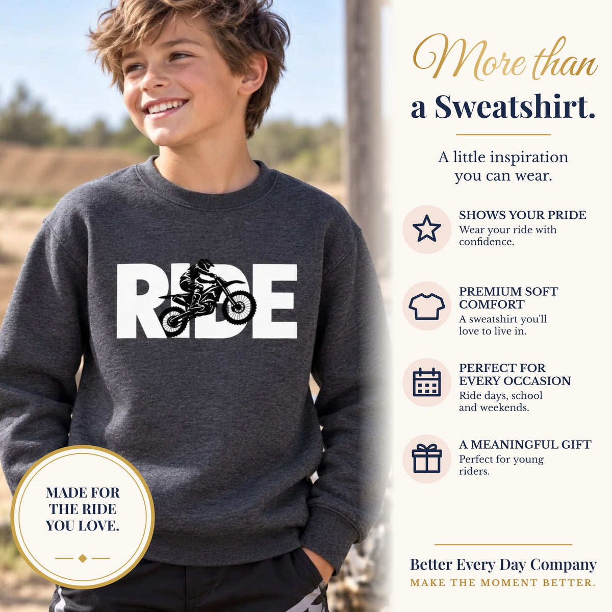 BED-SET-v1 banner | RIDE Dirt Bike Youth Sweatshirt | Dirt Bike Rider Graphic | Kids Youth Crewneck