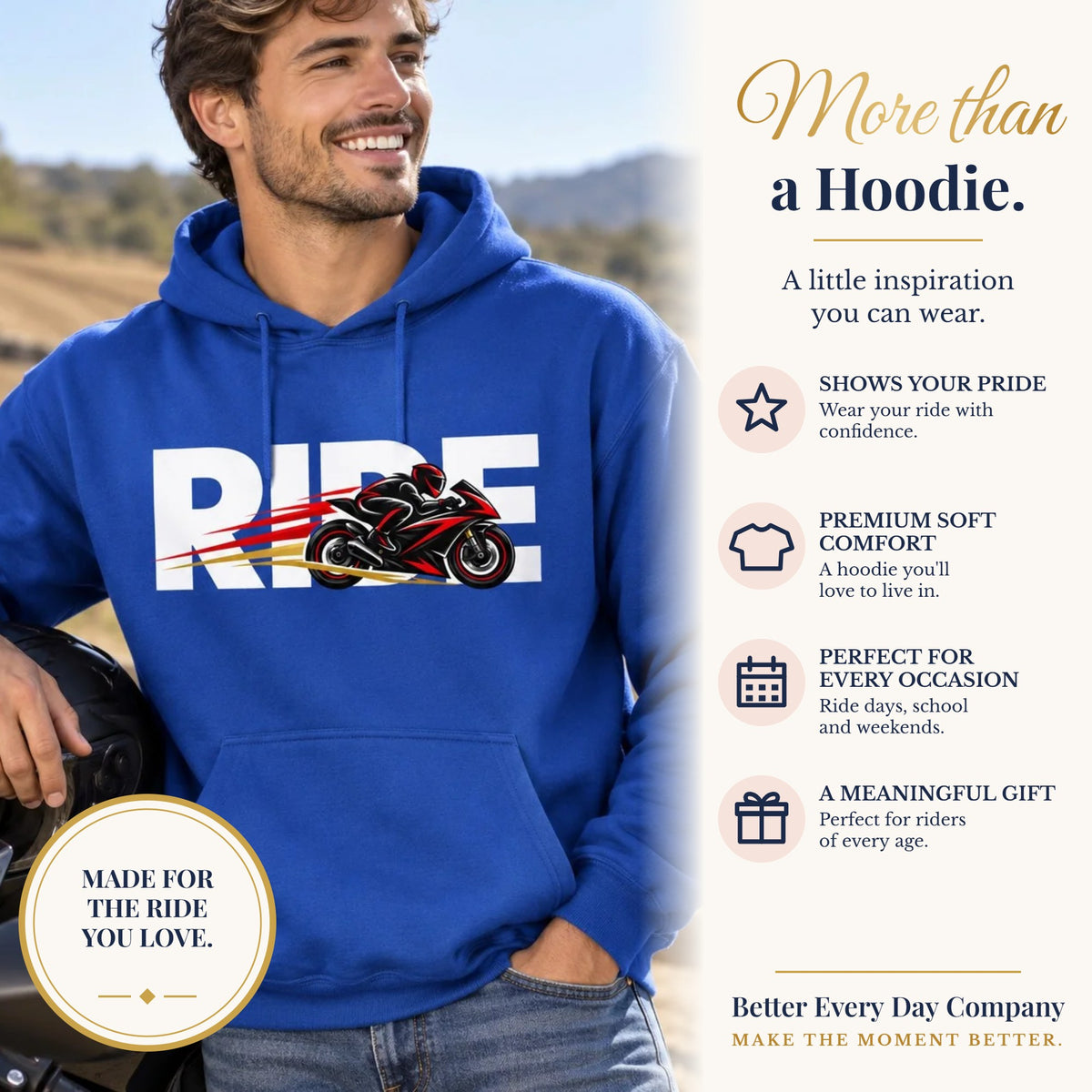 BED-SET-v1 banner | RIDE Sport Bike Hoodie | Sport Bike Rider Graphic | Gildan Hoodie