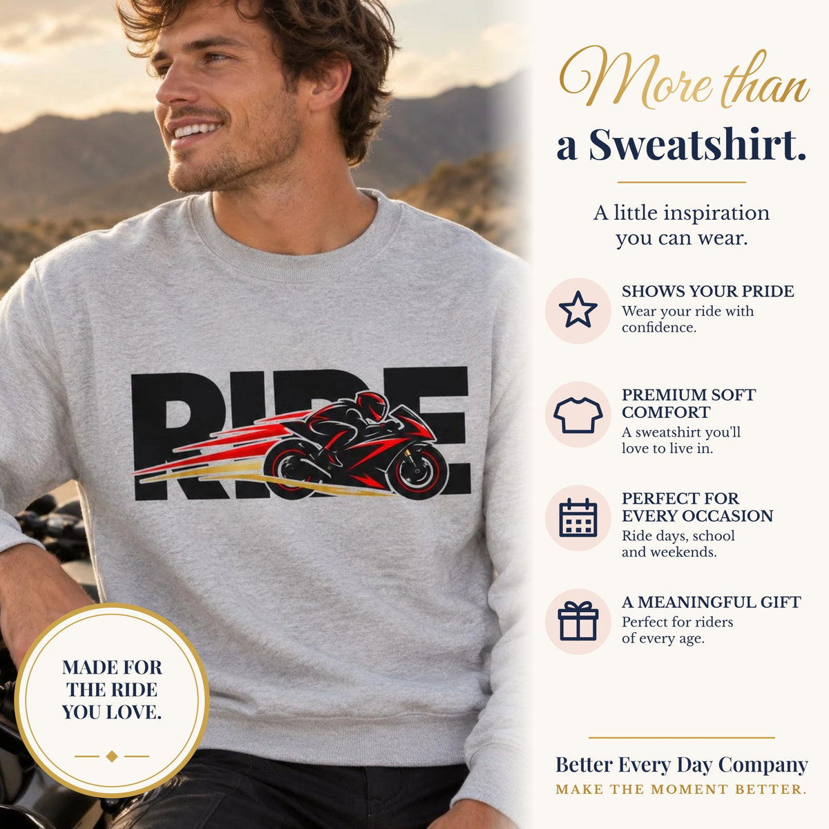 BED-SET-v1 banner | RIDE Sport Bike Sweatshirt | Sport Bike Rider Graphic | Gildan Crewneck