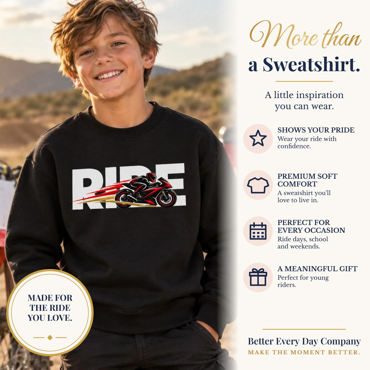 BED-SET-v1 banner | RIDE Sport Bike Youth Sweatshirt | Sport Bike Rider Graphic | Kids Youth Crewneck