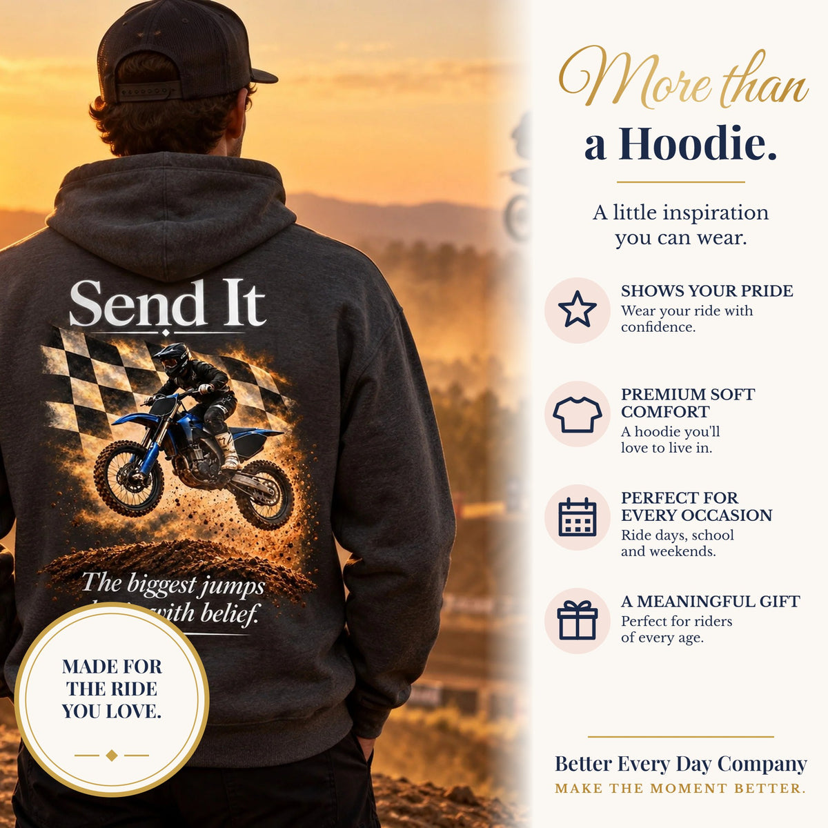 BED-SET-v1 banner | Send It - The Biggest Jumps Begin with Belief | Motocross Dirt Bike Hoodie | Front Logo and Back Print | Gildan Hoodie