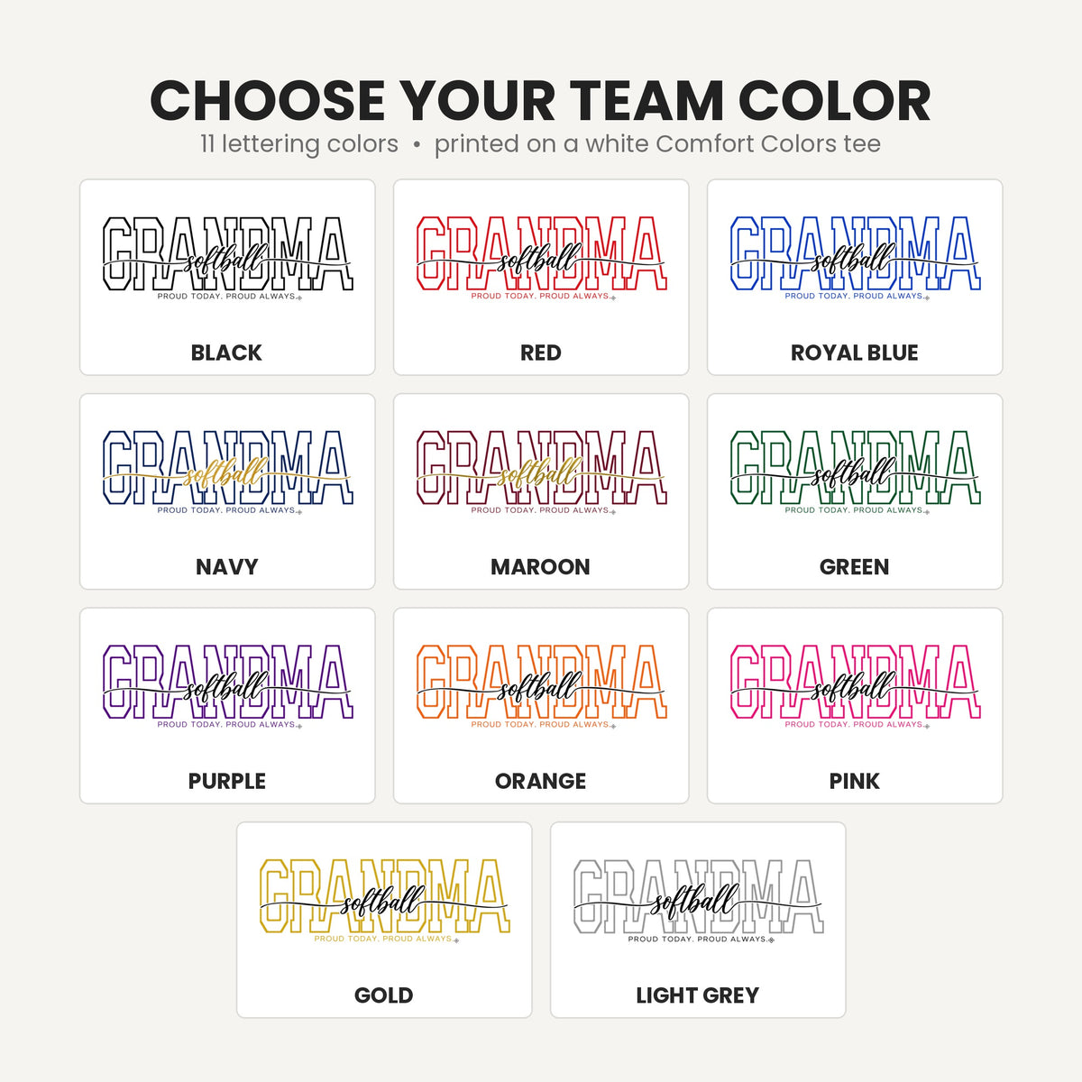 softball grandma team color chart tall