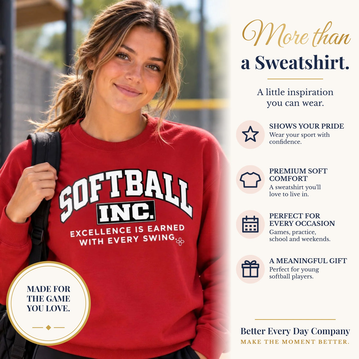 BED-SET-v1 banner | Softball Inc. Youth Sweatshirt | Excellence Is Earned With Every Swing | Girls Softball Youth Crewneck