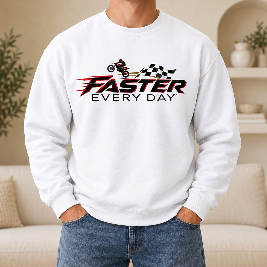 Faster Every Day Dirt Bike Checkered Flag Logo Sweatshirt - Front View