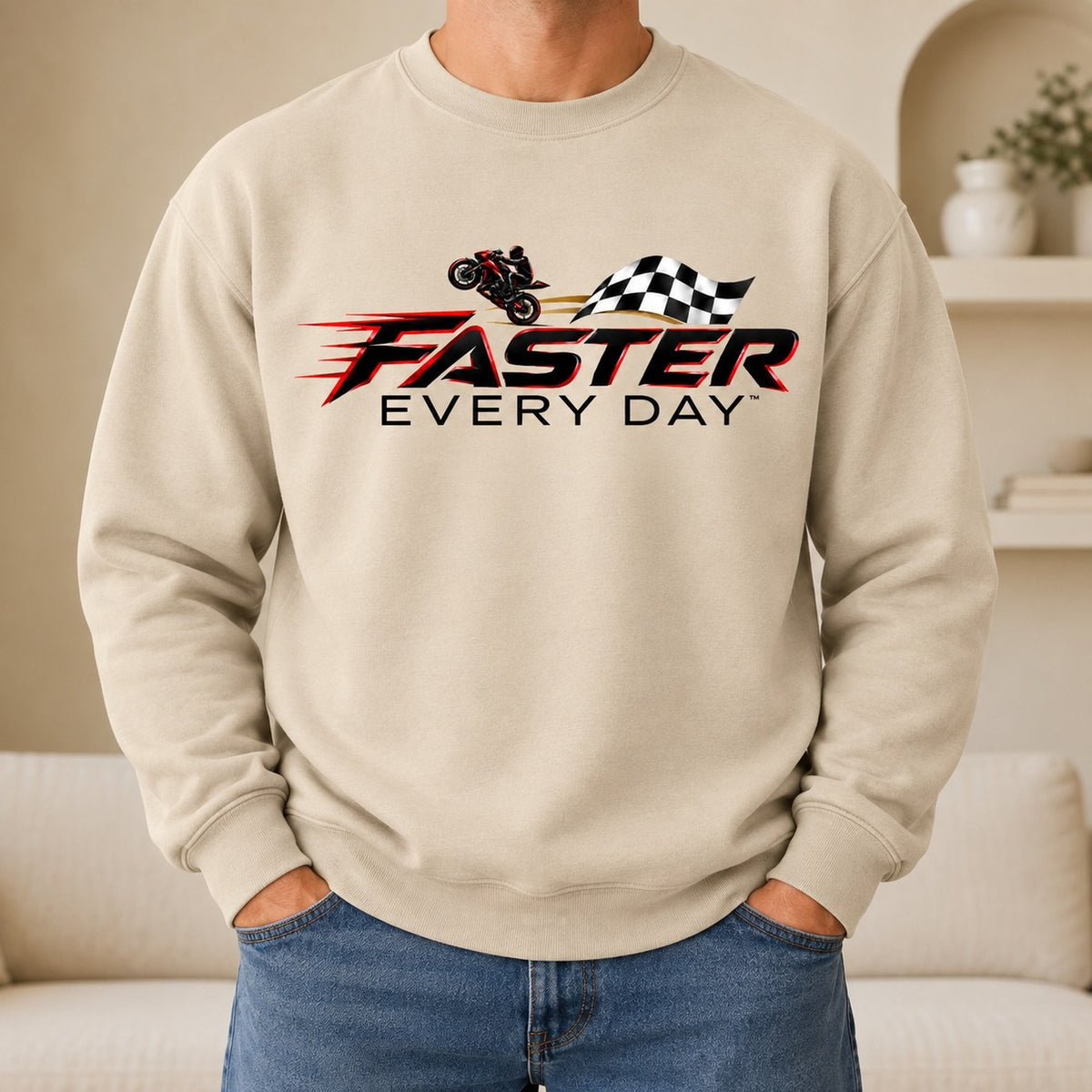 Faster Every Day Checkered Flag Logo Sweatshirt - Front View