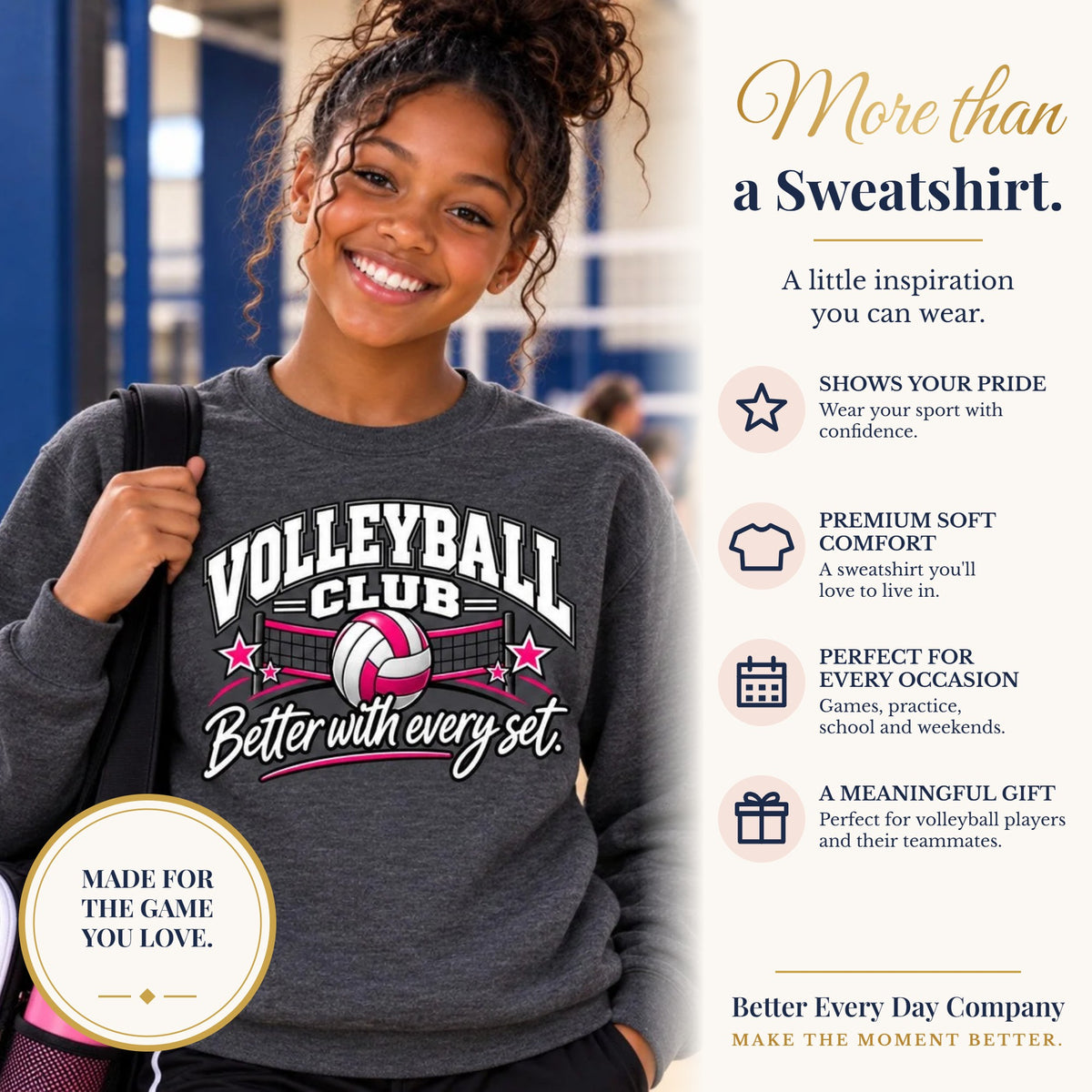 BED-SET-v1 banner | Volleyball Club Sweatshirt | Better With Every Set | Volleyball Gildan Crewneck