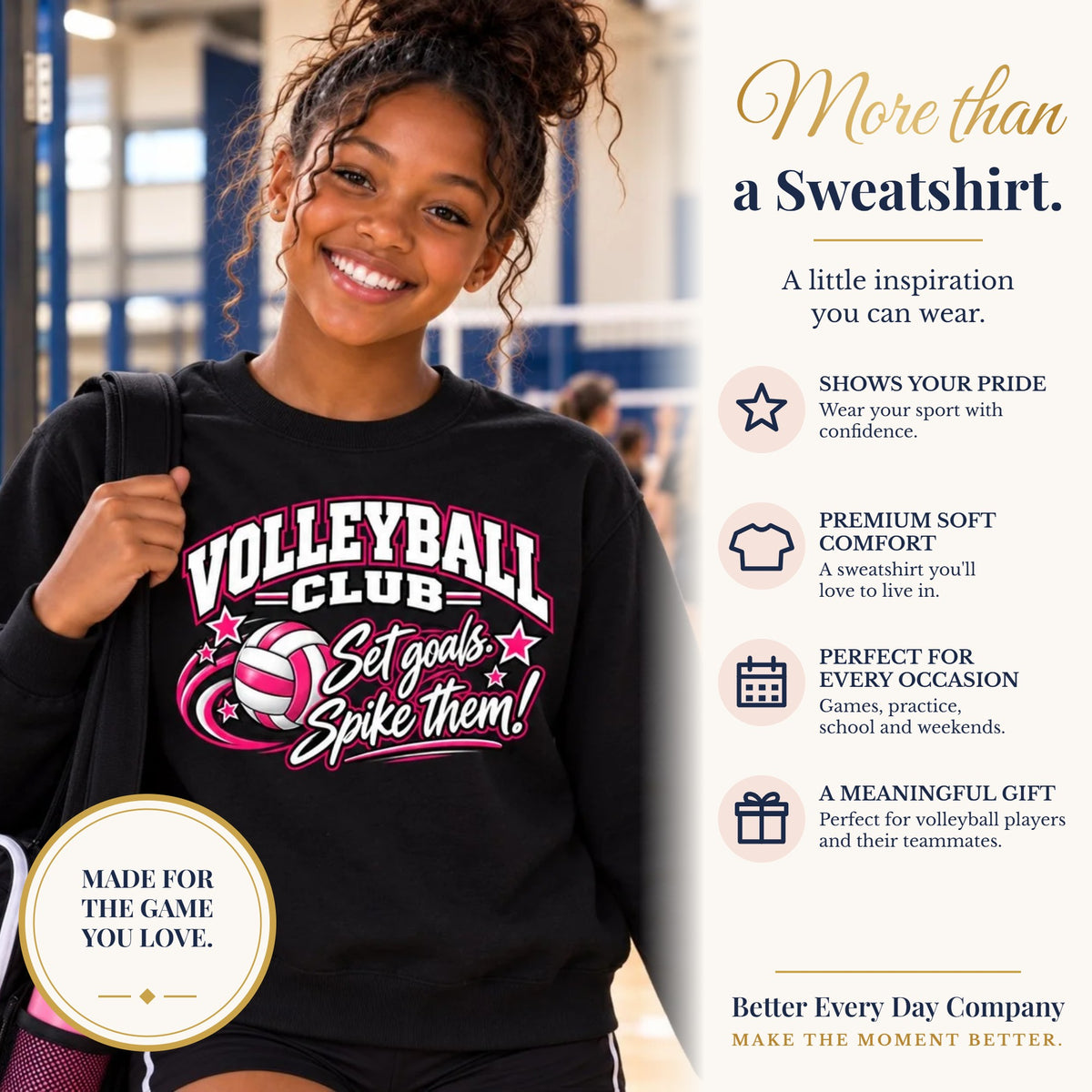 BED-SET-v1 banner | Volleyball Club Sweatshirt | Set Goals, Spike Them | Volleyball Gildan Crewneck