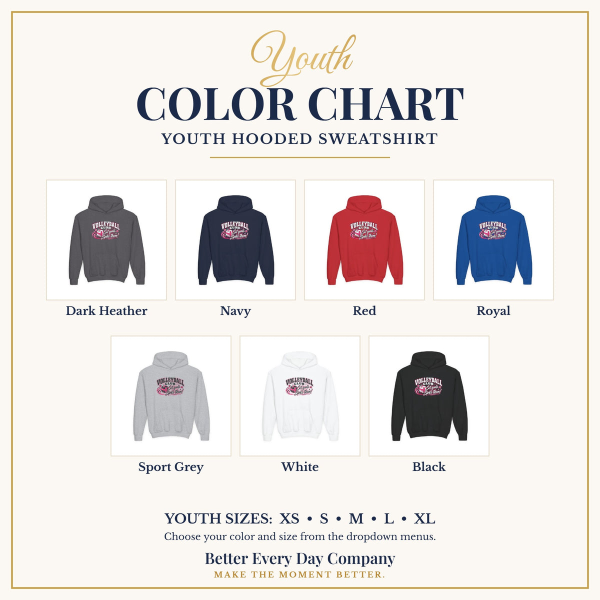 BED-SET-v1 chart | Volleyball Club Youth Hoodie | Set Goals, Spike Them | Girls Volleyball Youth Hoodie