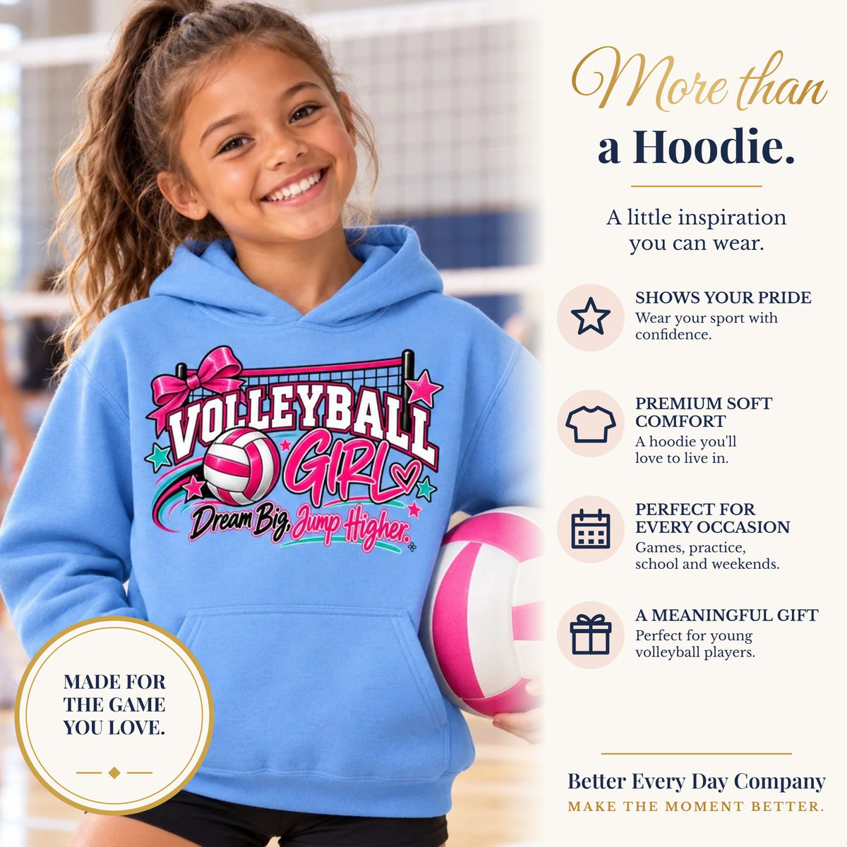 BED-SET-v1 banner | Volleyball Girl Youth Hoodie | Dream Big, Jump Higher | Girls Volleyball Youth Hoodie