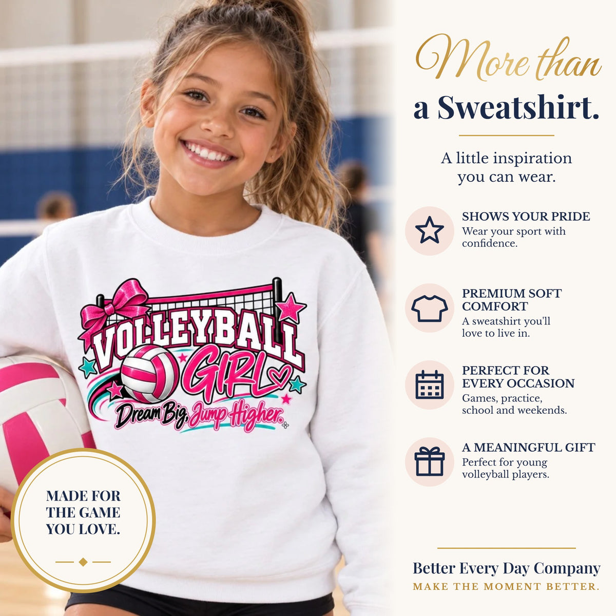 BED-SET-v1 banner | Volleyball Girl Youth Sweatshirt | Dream Big, Jump Higher | Girls Volleyball Youth Crewneck