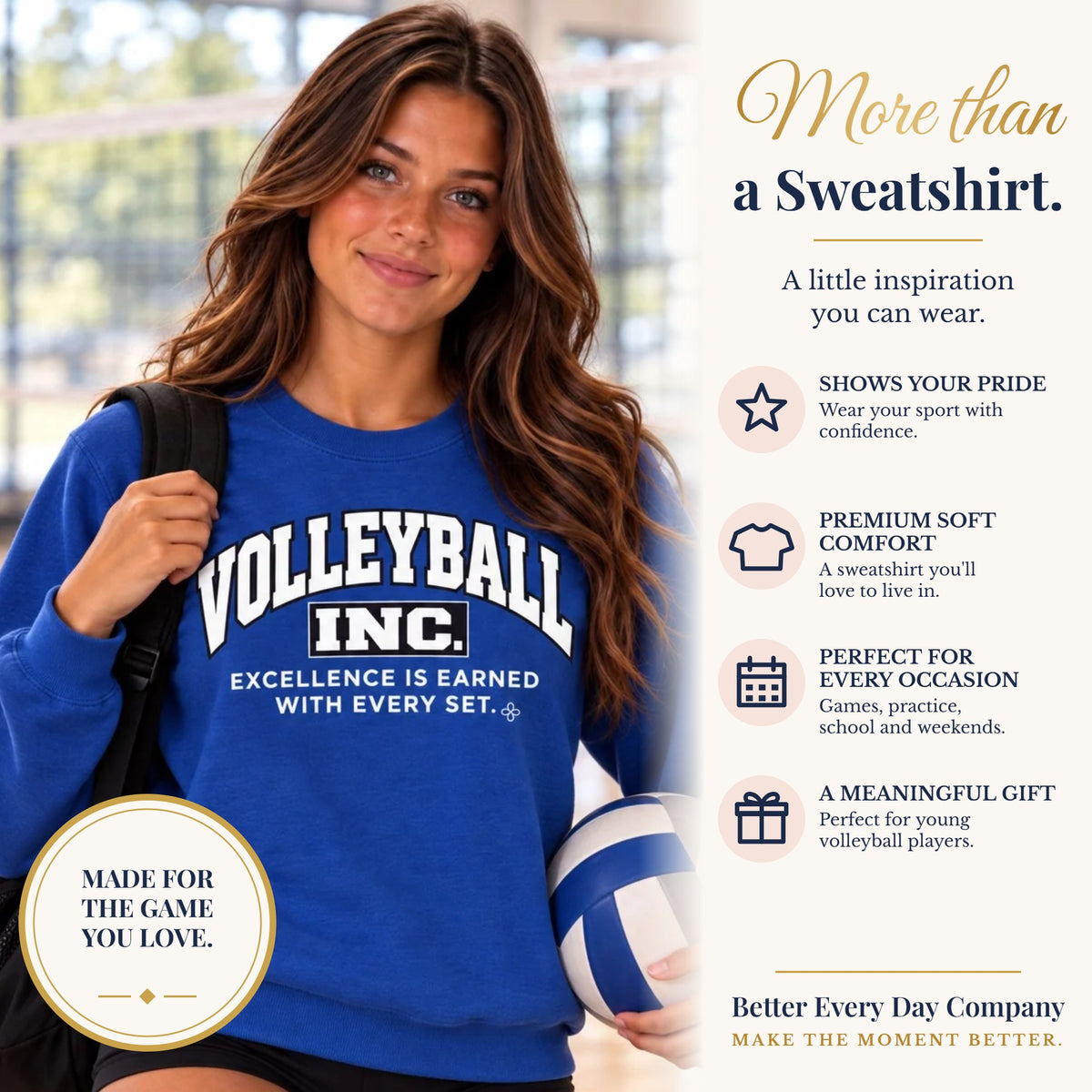 BED-SET-v1 banner | Volleyball Inc. Youth Sweatshirt | Excellence Is Earned With Every Set | Girls Volleyball Youth Crewneck