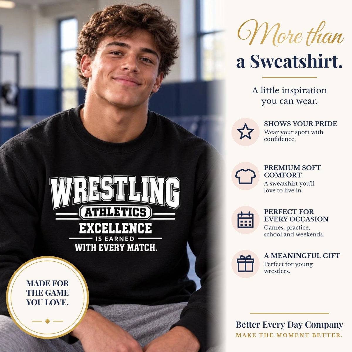 BED-SET-v1 banner | Wrestling Athletics Youth Sweatshirt | Excellence Is Earned With Every Match | Kids Wrestling Youth Crewneck