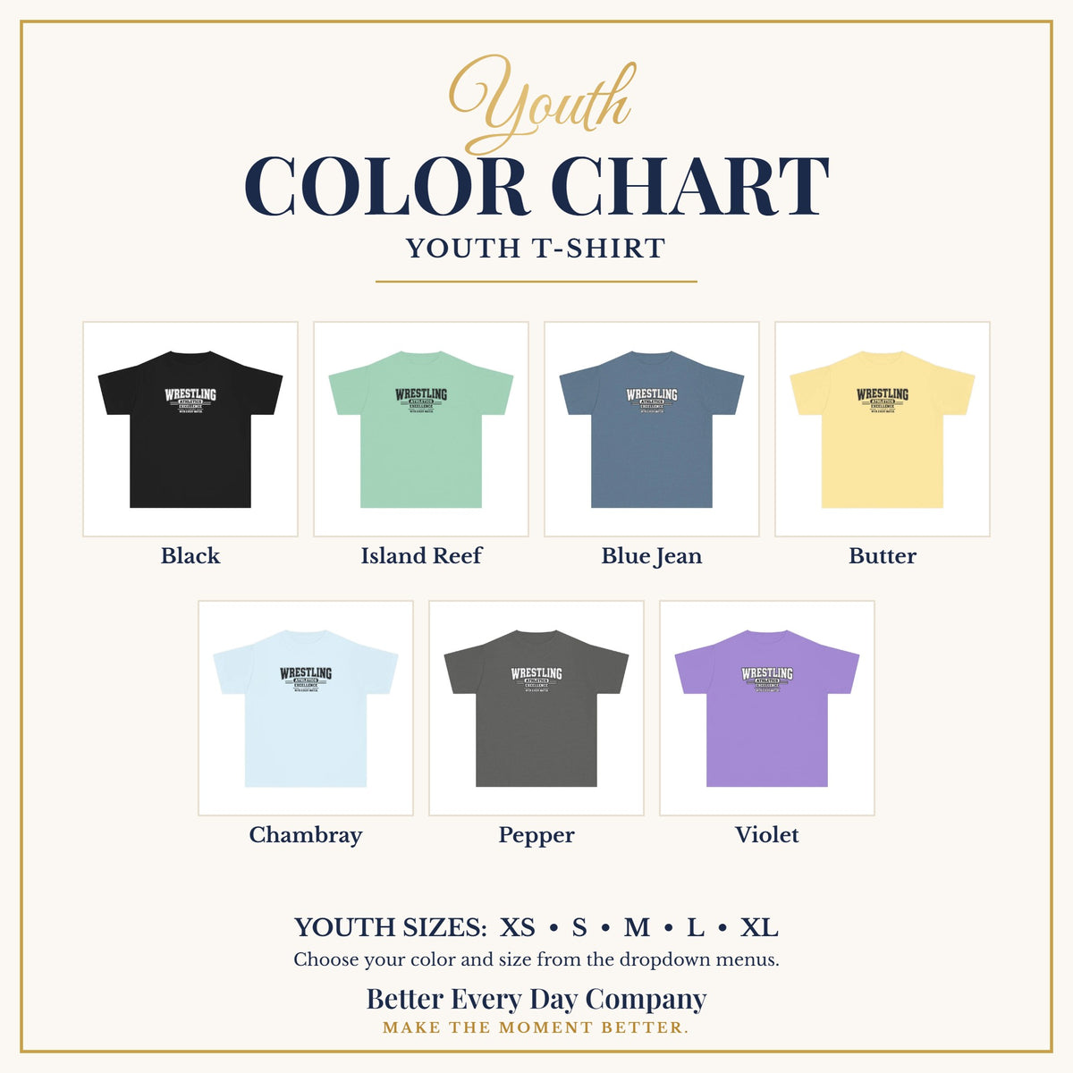 BED-SET-v1 chart | Wrestling Athletics Youth T-Shirt | Excellence Is Earned With Every Match | Kids Wrestling Comfort Colors Youth Tee