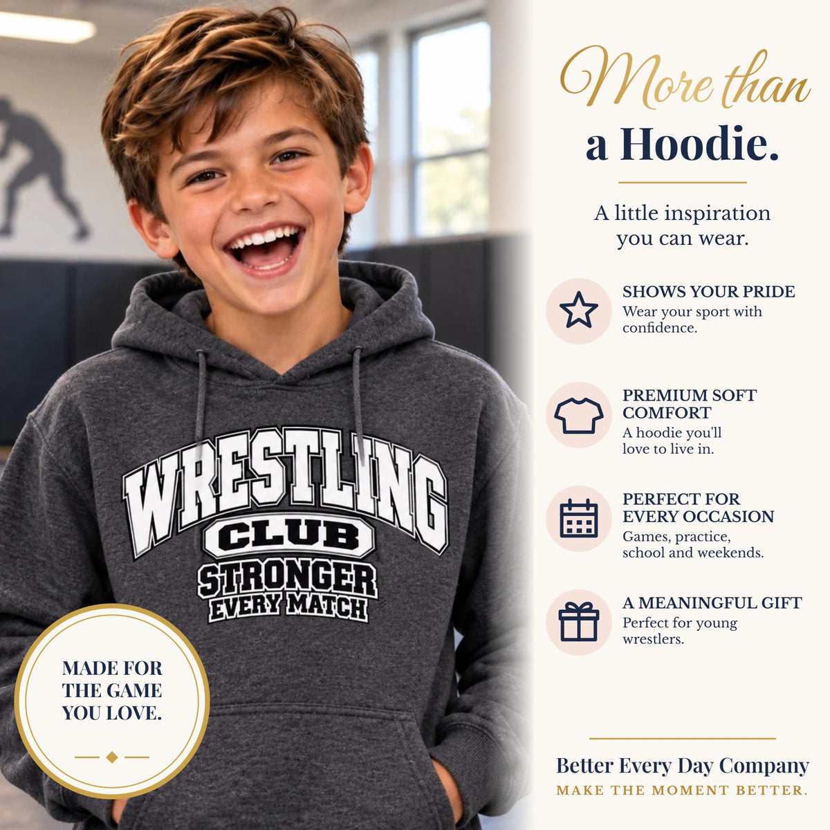 BED-SET-v1 banner | Wrestling Club Youth Hoodie | Stronger Every Match | Kids Wrestling Youth Hoodie