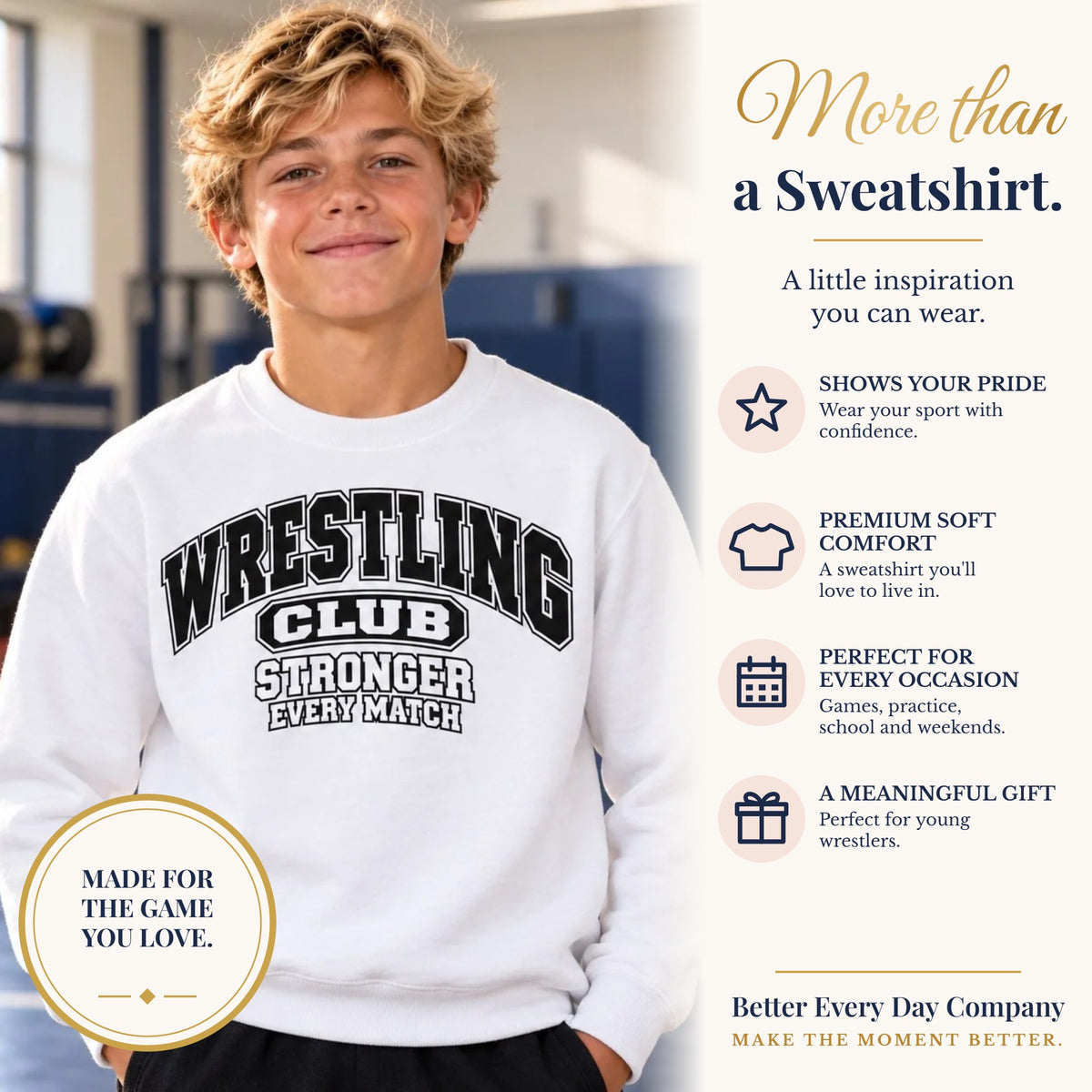 BED-SET-v1 banner | Wrestling Club Youth Sweatshirt | Stronger Every Match | Kids Wrestling Youth Crewneck